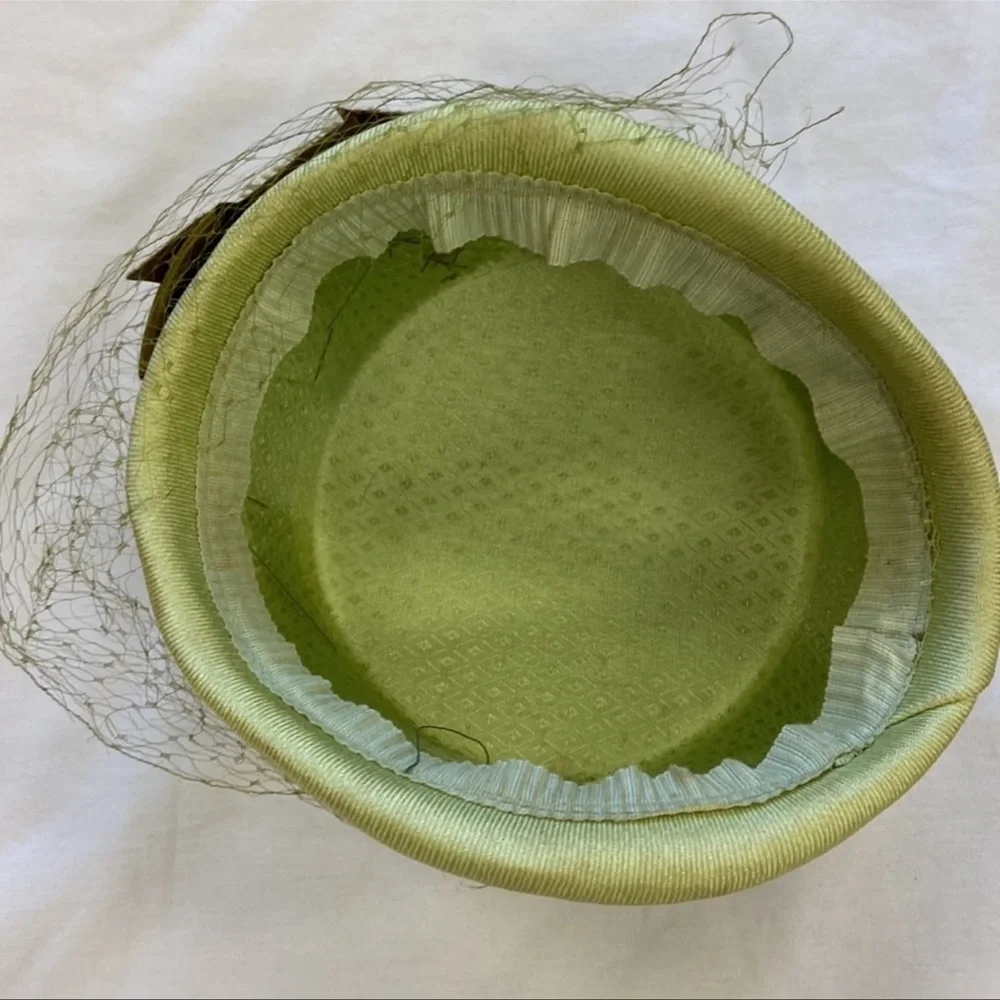 Vintage Hat Shimmer Sage Green/Olive Green Satin Bow Veiled‎ - Picture 6 of 11